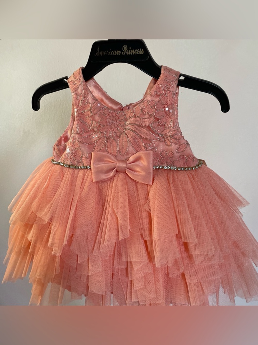 American Princess Coral Pink Ruffled Tulle Party Dress with Bow
